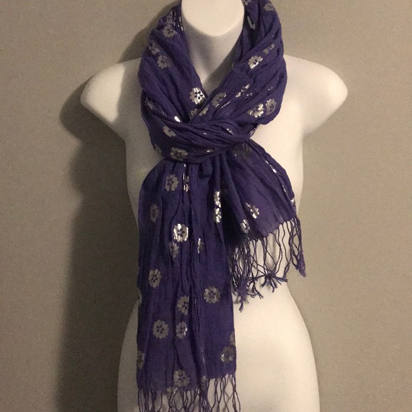 Women’s Purple Scarf with Foil Flower and Fringe - Picture 1 of 3